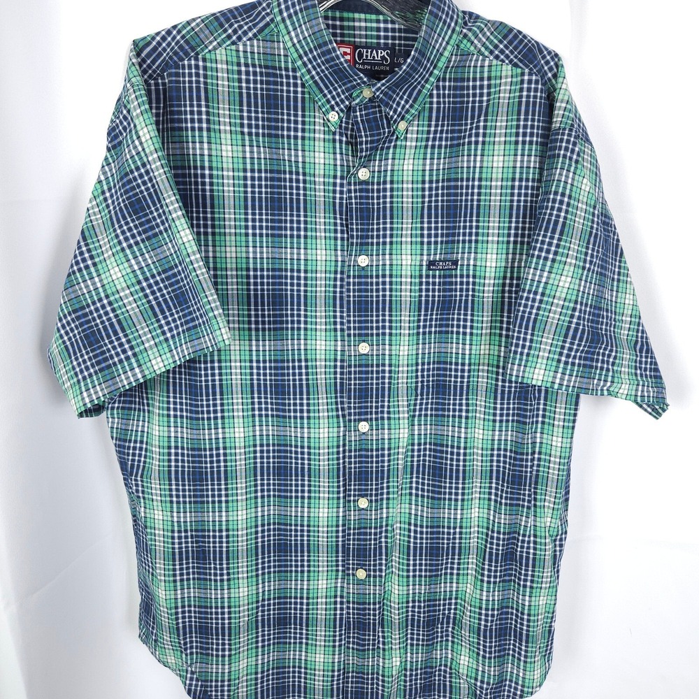 VTG Chaps Ralph Lauren Green Blue Plaid Shirt Short Sleeve Mens Large